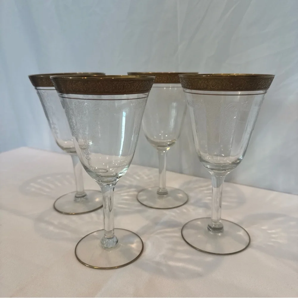 Antique 1920s Art Deco Etched Crystal Stemmed Glasses with Gold Rims